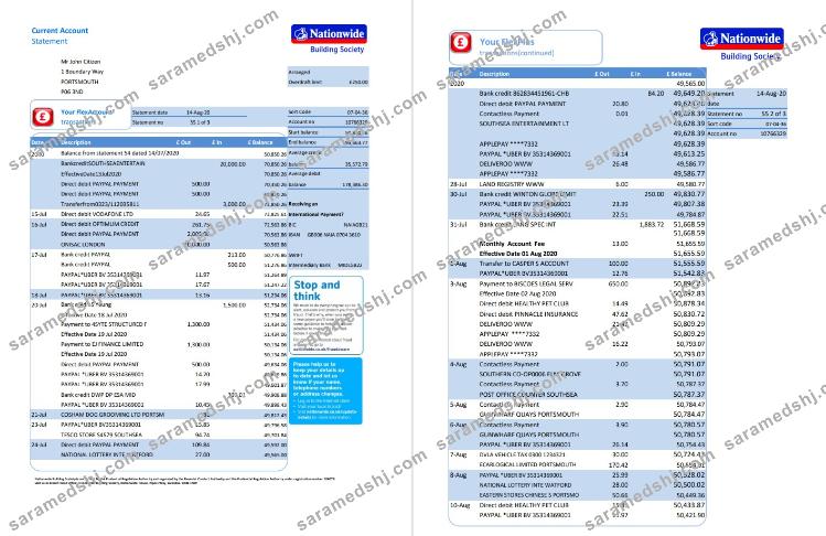 United Kingdom Nationwide bank statement template in .xls and .pdf format (5 pages)